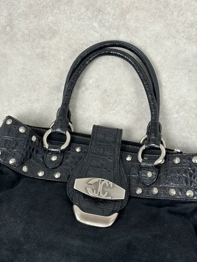 2000s Cavalli Black Leather Crocodile Embossed Fur Handle Bag BaABNNT 5