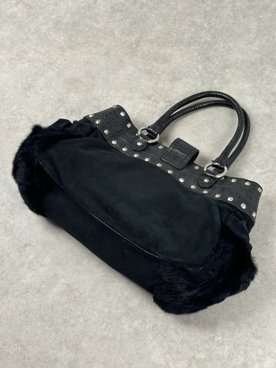 2000s Cavalli Black Leather Crocodile Embossed Fur Handle Bag BaABNNT 8