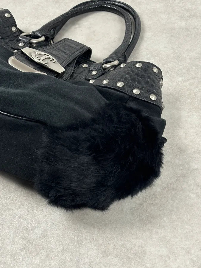 2000s Cavalli Black Leather Crocodile Embossed Fur Handle Bag BaABNNT 6