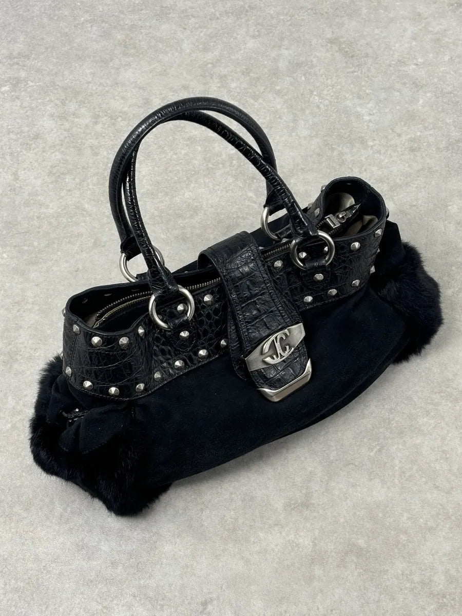 2000s Cavalli Black Leather Crocodile Embossed Fur Handle Bag BaABNNT 2