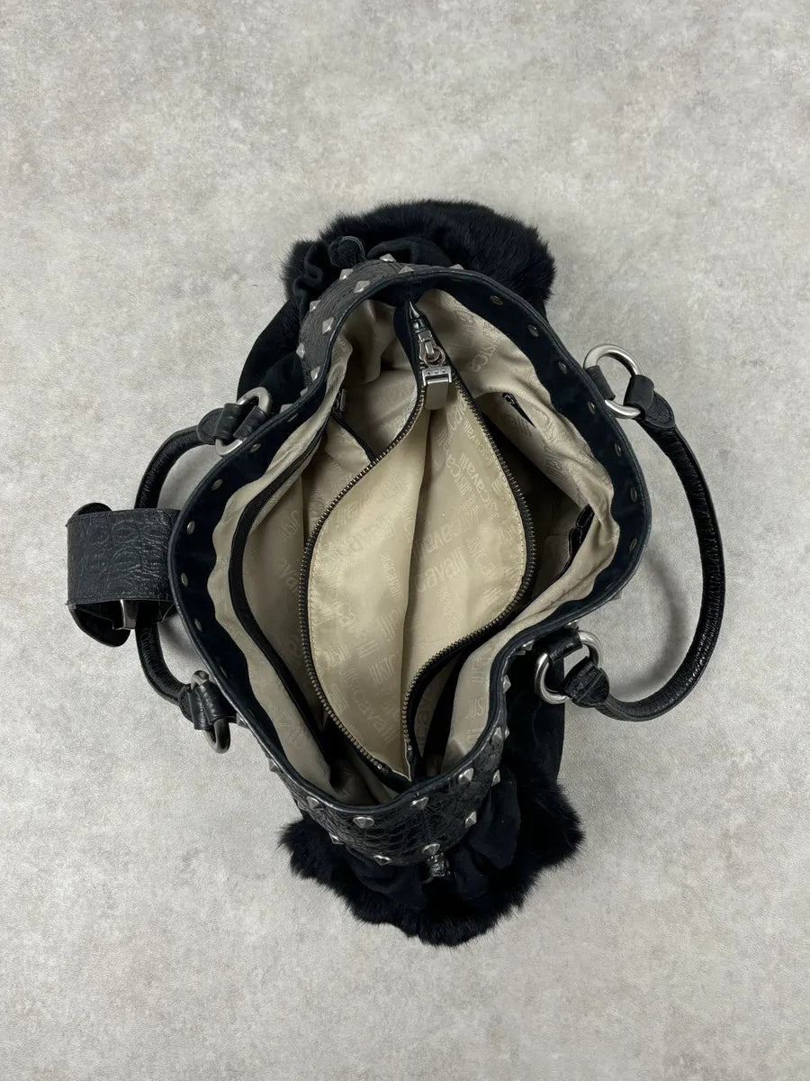 2000s Cavalli Black Leather Crocodile Embossed Fur Handle Bag BaABNNT 12