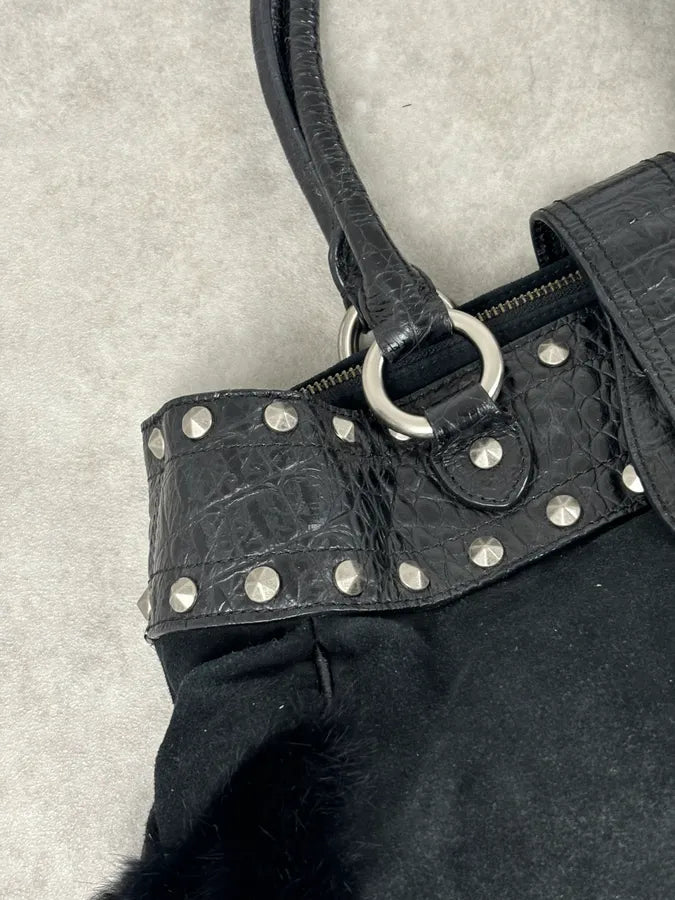 2000s Cavalli Black Leather Crocodile Embossed Fur Handle Bag BaABNNT 10