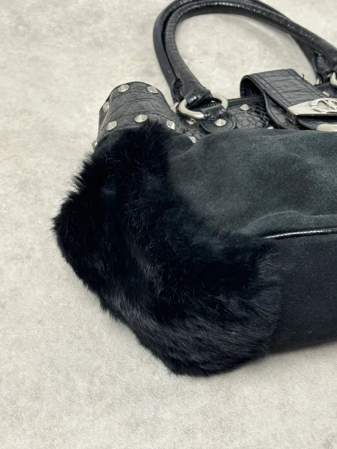 2000s Cavalli Black Leather Crocodile Embossed Fur Handle Bag BaABNNT 7