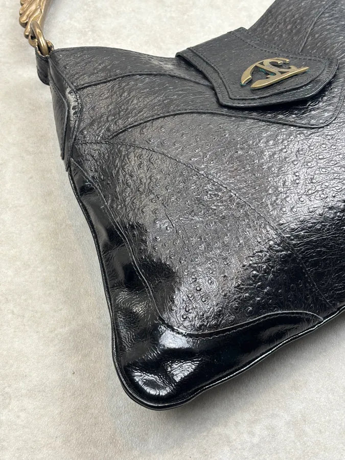 AW2008 Cavalli Black Leather Ostrich Effect Hammered Shoulder Bag rOHqLFB 7