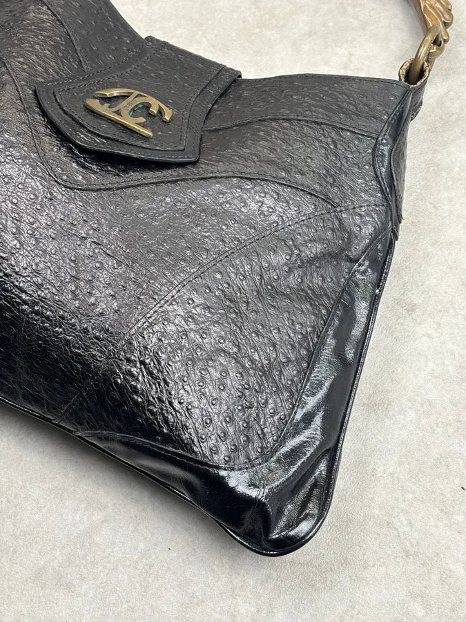 AW2008 Cavalli Black Leather Ostrich Effect Hammered Shoulder Bag rOHqLFB 6
