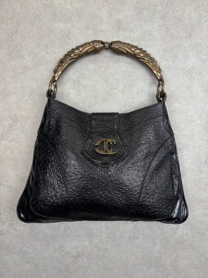 AW2008 Cavalli Black Leather Ostrich Effect Hammered Shoulder Bag rOHqLFB 0