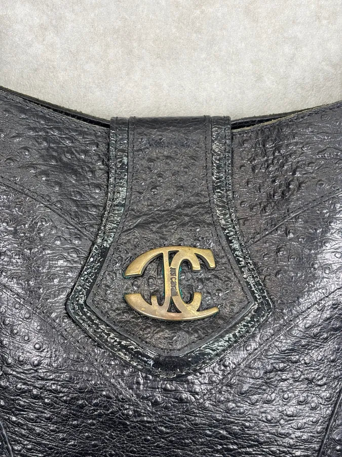 AW2008 Cavalli Black Leather Ostrich Effect Hammered Shoulder Bag rOHqLFB 5