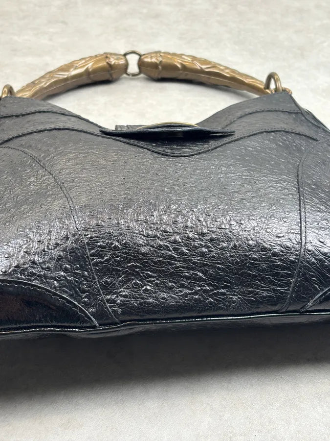 AW2008 Cavalli Black Leather Ostrich Effect Hammered Shoulder Bag rOHqLFB 8