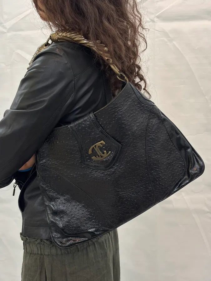 AW2008 Cavalli Black Leather Ostrich Effect Hammered Shoulder Bag rOHqLFB 2