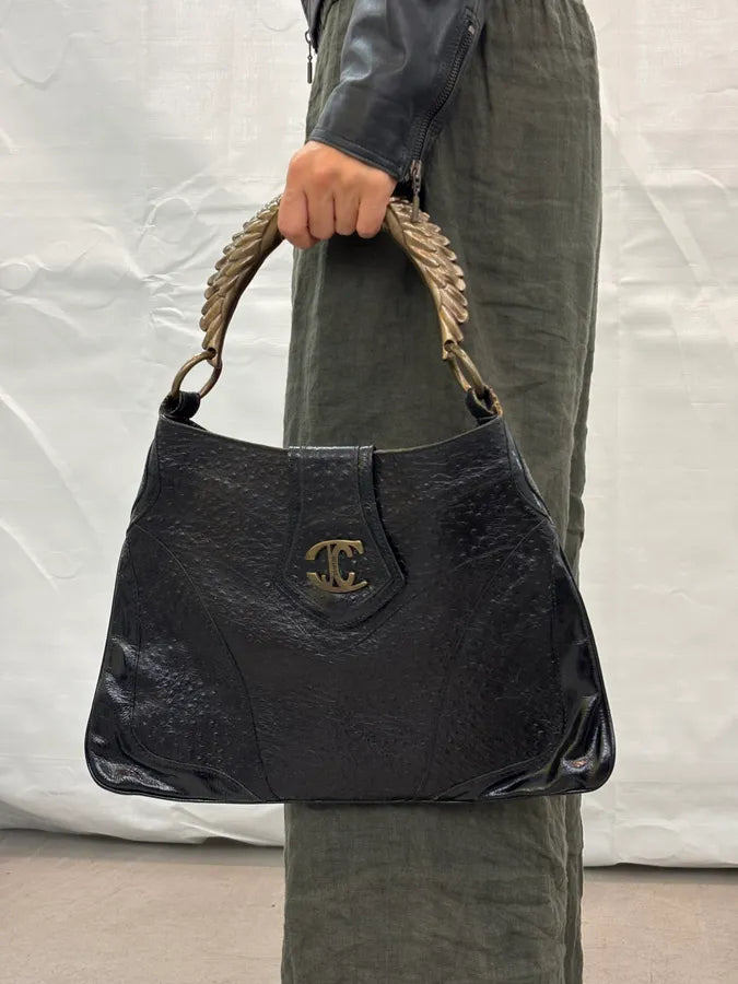 AW2008 Cavalli Black Leather Ostrich Effect Hammered Shoulder Bag rOHqLFB 1