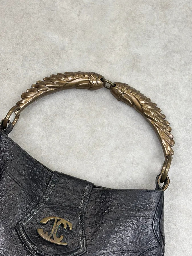 AW2008 Cavalli Black Leather Ostrich Effect Hammered Shoulder Bag rOHqLFB 3