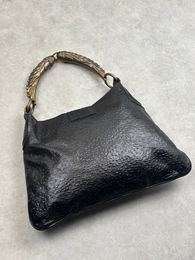 AW2008 Cavalli Black Leather Ostrich Effect Hammered Shoulder Bag rOHqLFB 10