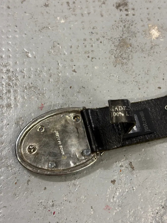 2000s Cavalli Black Leather Studded Double C Buckle Belt IrFRzxH 8