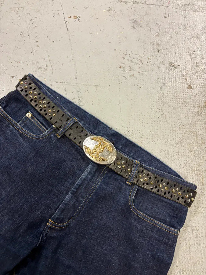 2000s Cavalli Black Leather Studded Double C Buckle Belt IrFRzxH 0