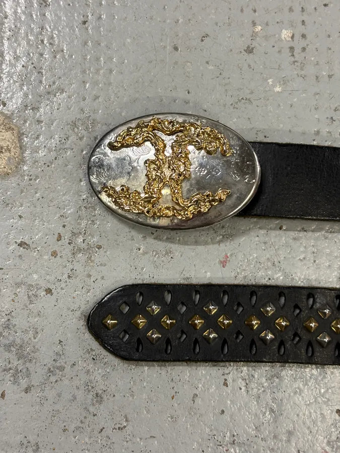 2000s Cavalli Black Leather Studded Double C Buckle Belt IrFRzxH 3