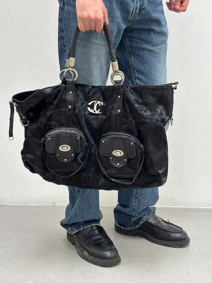 AW2007 Cavalli Black Faux Fur Front Pockets Shoulder Bag FewycBb 2