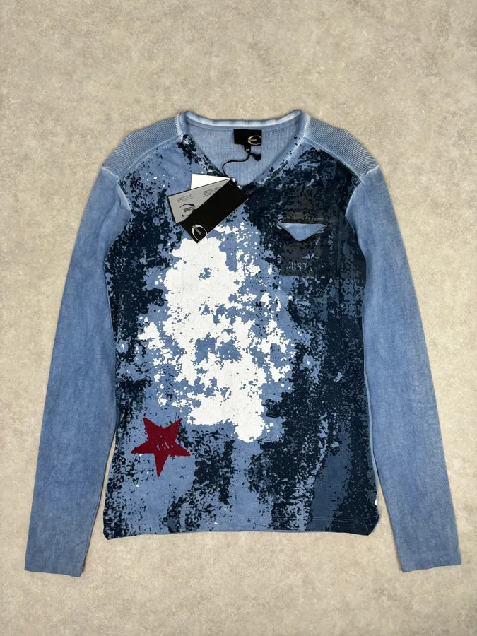 AW2011 Cavalli Blue Military Distressed Graphic V-Neck Longsleeve mTbuGWv 0