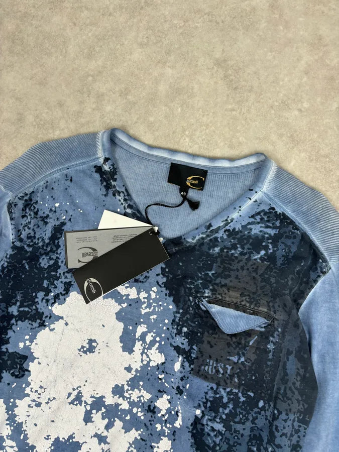 AW2011 Cavalli Blue Military Distressed Graphic V-Neck Longsleeve mTbuGWv 3