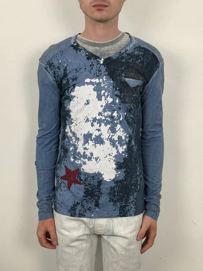 AW2011 Cavalli Blue Military Distressed Graphic V-Neck Longsleeve mTbuGWv 1