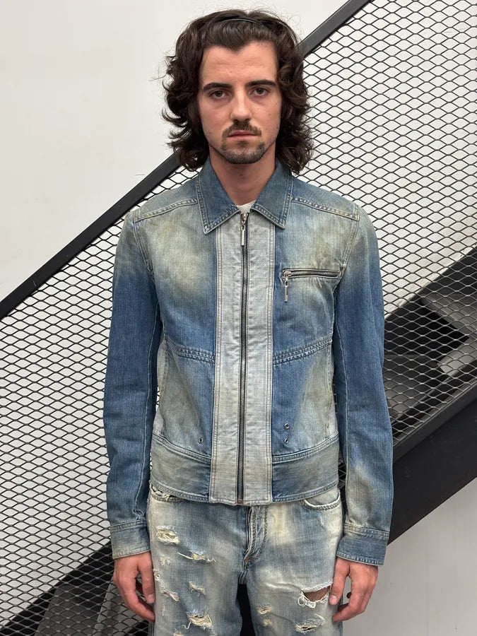 AW2005 Cavalli Blue Dirty Effect Denim Panel Denim Jacket ziSDLwV 1