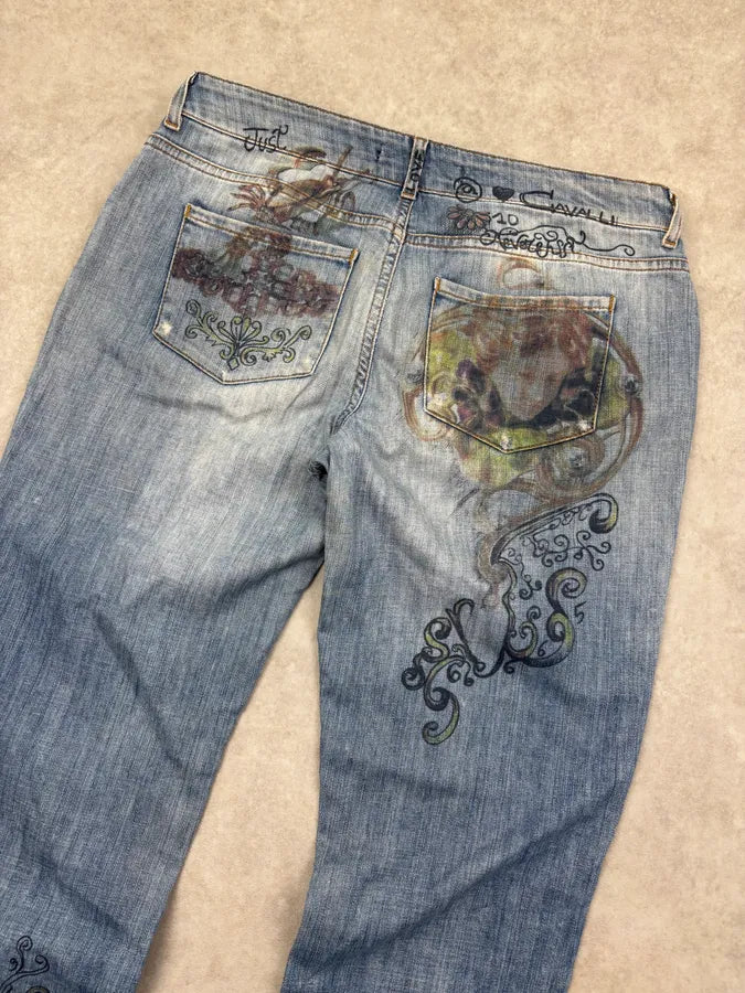 AW2007 Cavalli Blue Denim Painted Abstract Jeans rGaWvfH 6