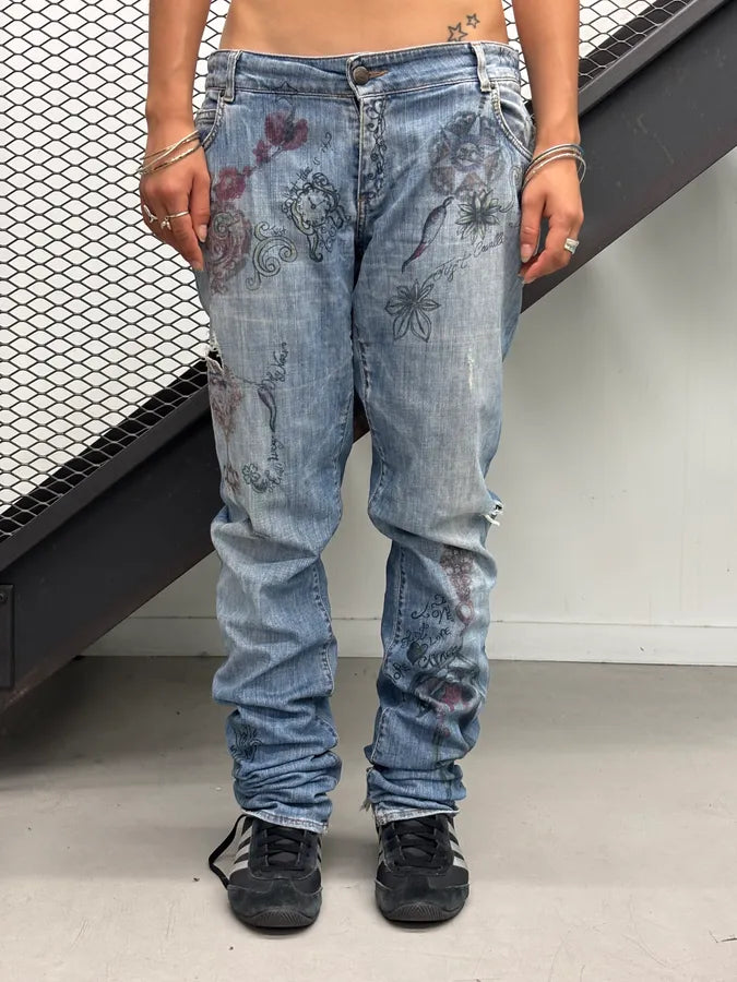 AW2007 Cavalli Blue Denim Painted Abstract Jeans rGaWvfH 2
