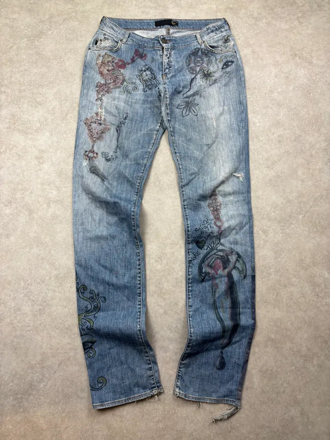 AW2007 Cavalli Blue Denim Painted Abstract Jeans rGaWvfH 0