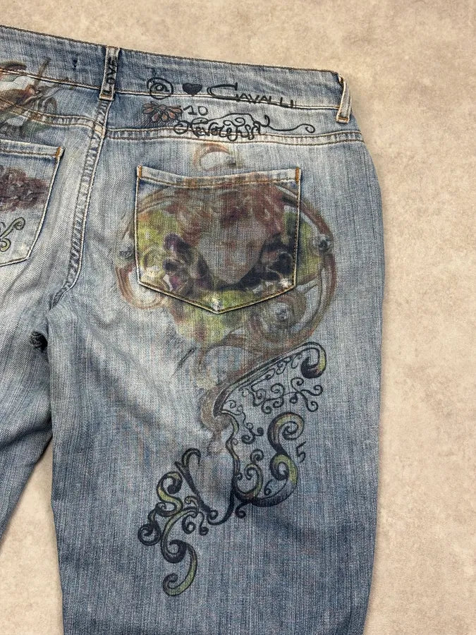 AW2007 Cavalli Blue Denim Painted Abstract Jeans rGaWvfH 7