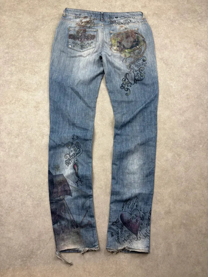 AW2007 Cavalli Blue Denim Painted Abstract Jeans rGaWvfH 1
