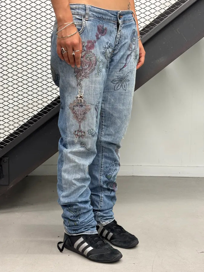 AW2007 Cavalli Blue Denim Painted Abstract Jeans rGaWvfH 3