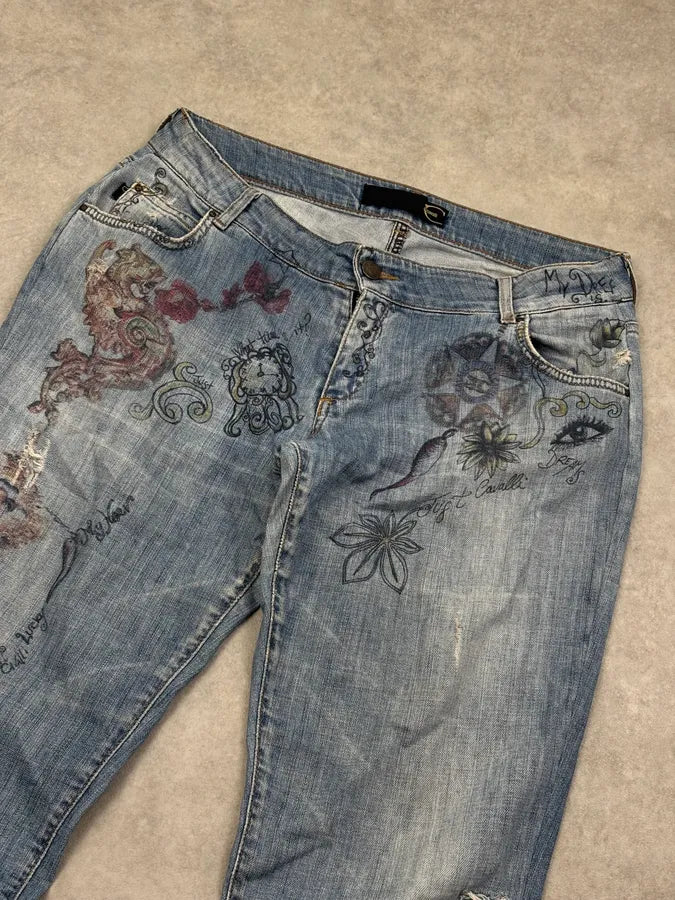 AW2007 Cavalli Blue Denim Painted Abstract Jeans rGaWvfH 5