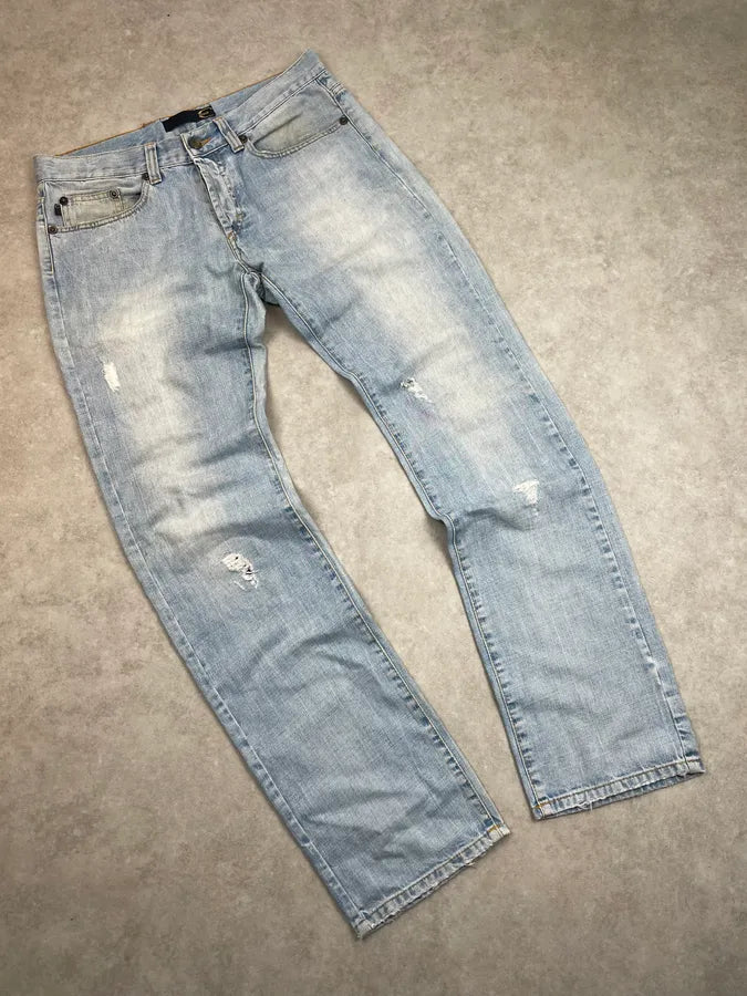 2000s Cavalli Blue Distressed Denim Jeans GyRGDqw 4