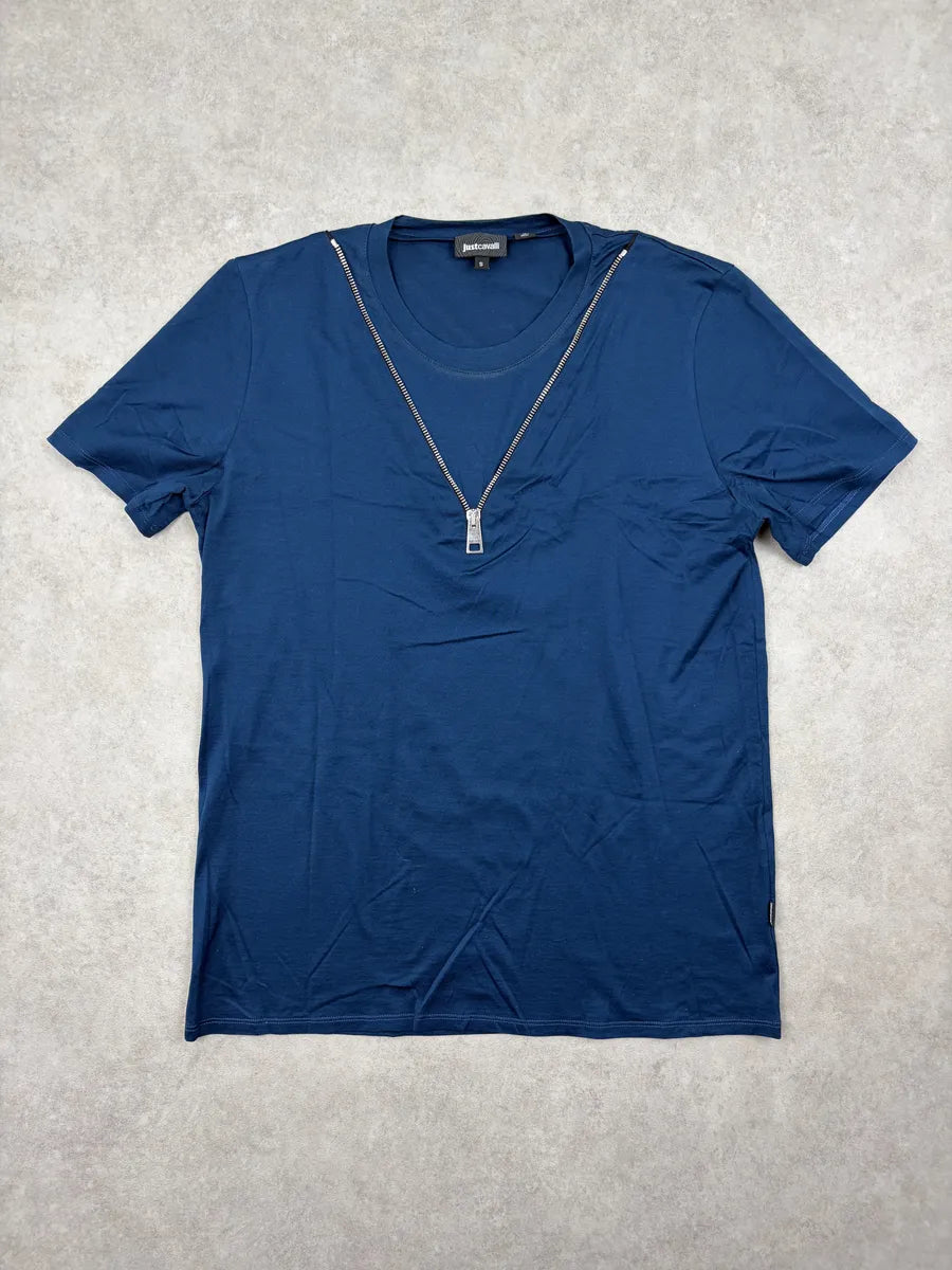 2010s Cavalli Blue Trompe LOeil Zip T-Shirt oPCLHig 0