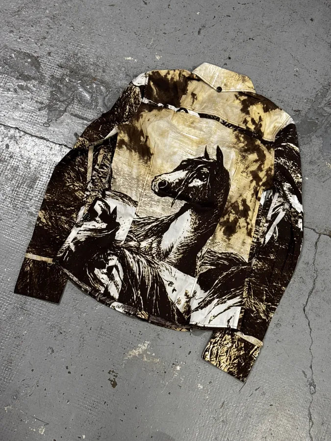 2000s Cavalli Brown & Beige Horse Ranch Shirt EpaZXTn 5