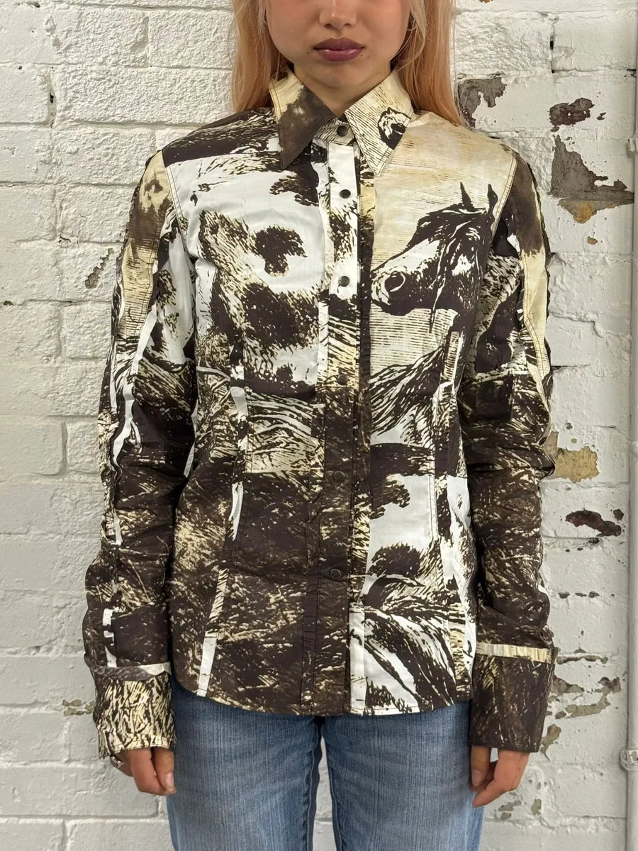 2000s Cavalli Brown & Beige Horse Ranch Shirt EpaZXTn 0
