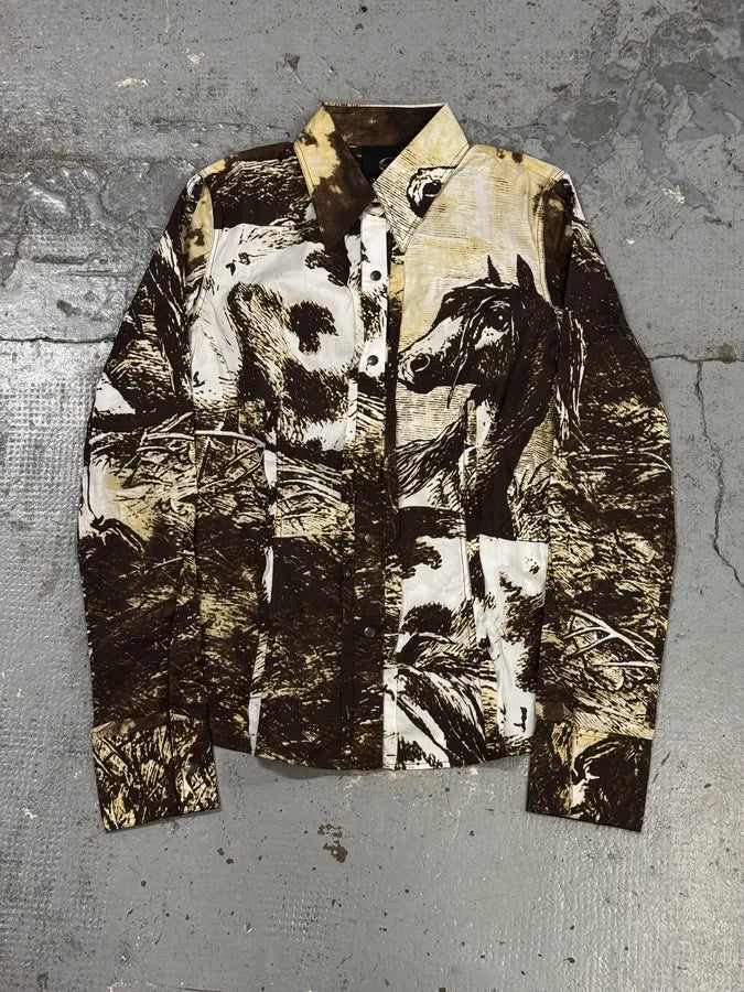 2000s Cavalli Brown & Beige Horse Ranch Shirt EpaZXTn 2