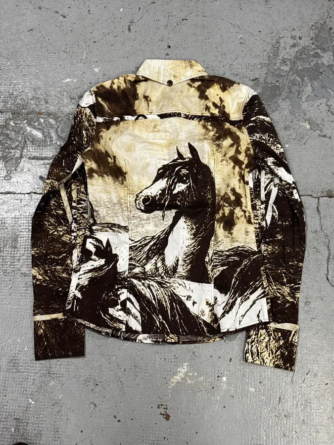 2000s Cavalli Brown & Beige Horse Ranch Shirt EpaZXTn 3