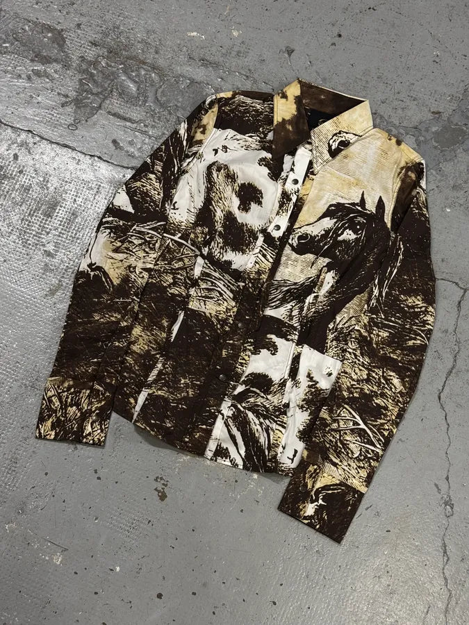 2000s Cavalli Brown & Beige Horse Ranch Shirt EpaZXTn 4