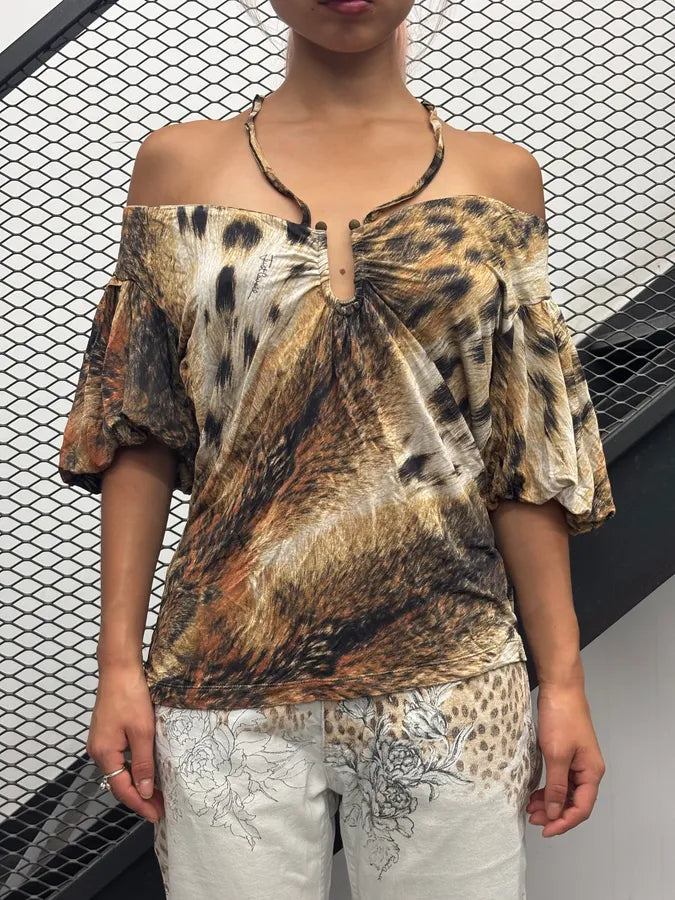 AW2007 Cavalli Brown Leopard Print Top T-Shirt dOZiNaY 0