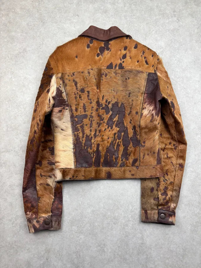 AW2004 Cavalli Brown Leather Pony Hair Cowhide Leather Jacket KVzTLoW 4