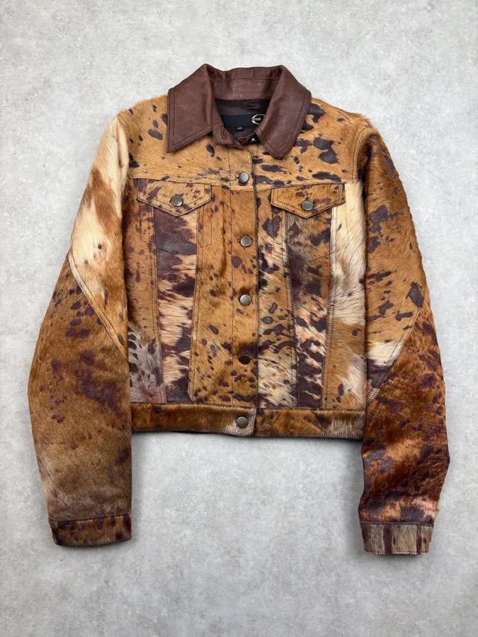 AW2004 Cavalli Brown Leather Pony Hair Cowhide Leather Jacket KVzTLoW 0