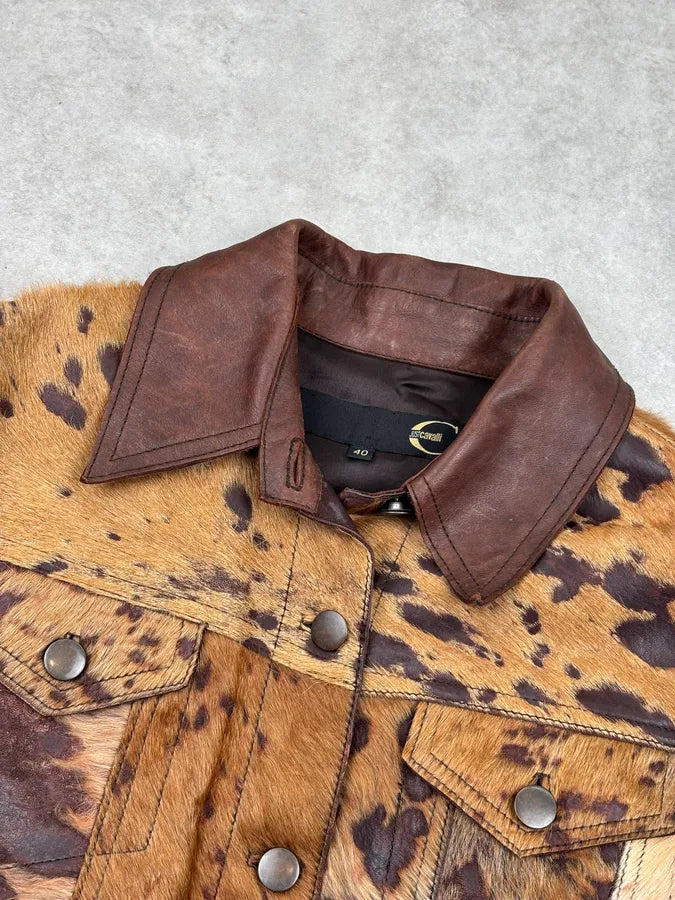 AW2004 Cavalli Brown Leather Pony Hair Cowhide Leather Jacket KVzTLoW 3
