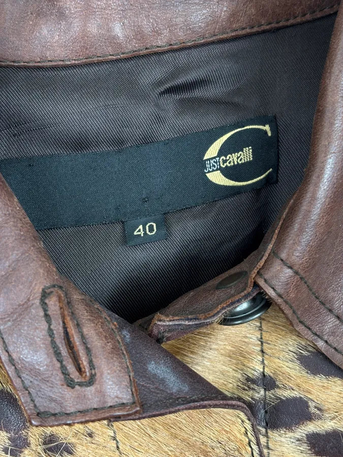 AW2004 Cavalli Brown Leather Pony Hair Cowhide Leather Jacket KVzTLoW 8