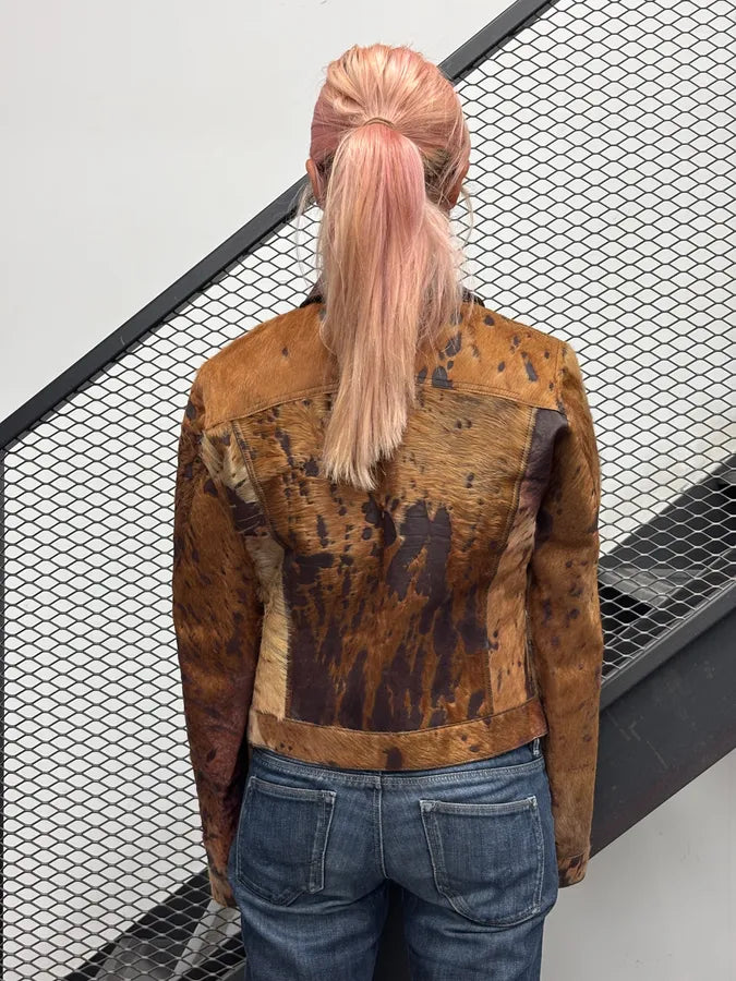 AW2004 Cavalli Brown Leather Pony Hair Cowhide Leather Jacket KVzTLoW 2