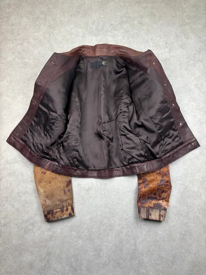 AW2004 Cavalli Brown Leather Pony Hair Cowhide Leather Jacket KVzTLoW 9