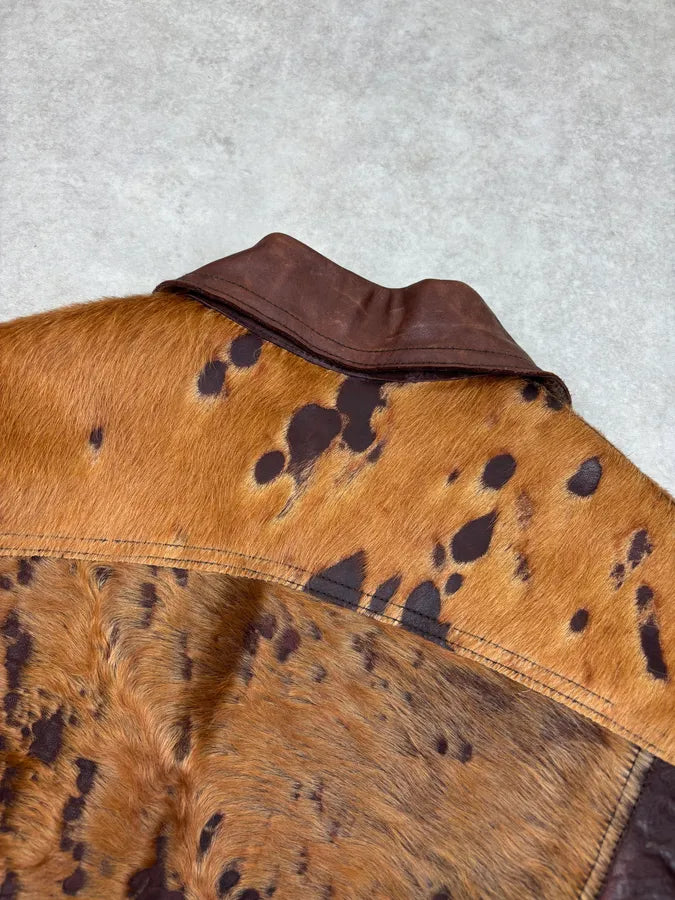 AW2004 Cavalli Brown Leather Pony Hair Cowhide Leather Jacket KVzTLoW 5