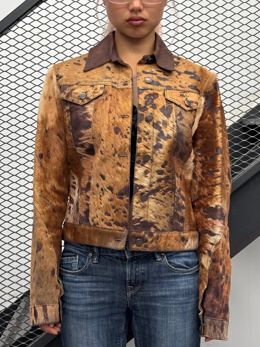 AW2004 Cavalli Brown Leather Pony Hair Cowhide Leather Jacket KVzTLoW 1