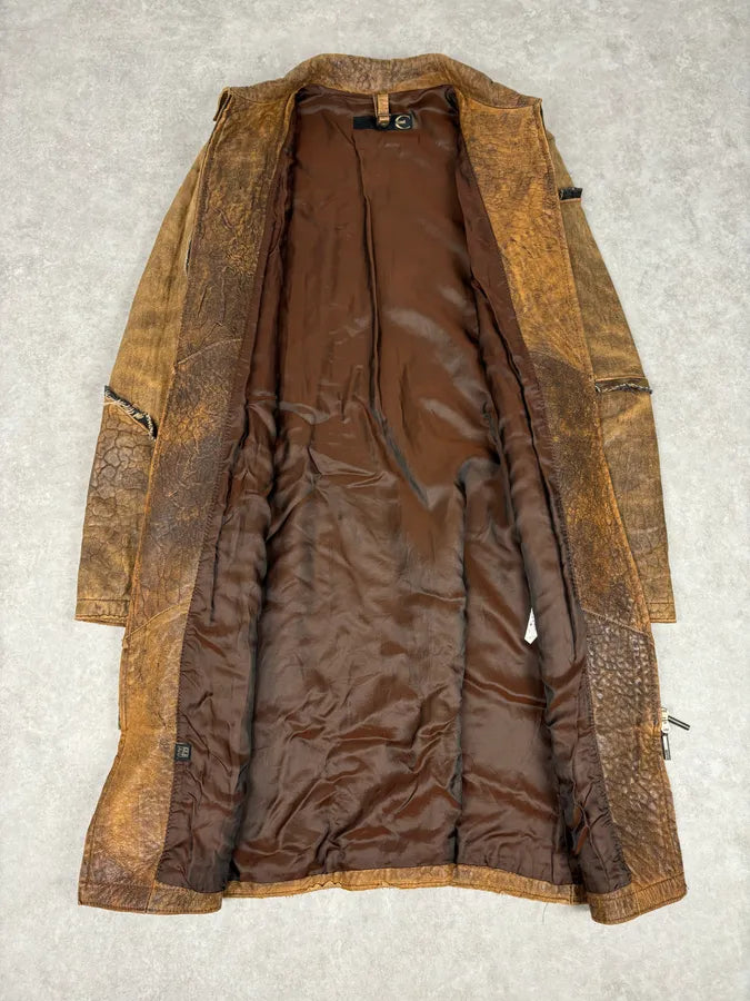AW2005 Cavalli Brown Eroded Leather Trench Coat hbCyTbe 6