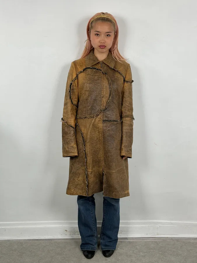 AW2005 Cavalli Brown Eroded Leather Trench Coat hbCyTbe 1