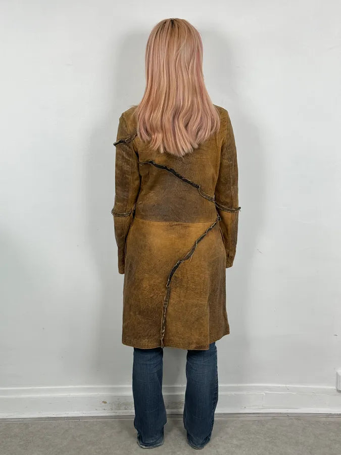 AW2005 Cavalli Brown Eroded Leather Trench Coat hbCyTbe 2